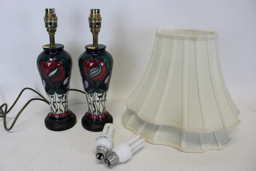 Pair of Moorcroft Pottery Charles Rennie Mackintosh tribute table lamps with cream shades - Image 2 of 3