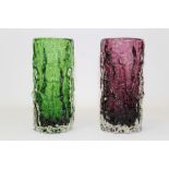 Two Whitefriars bark vases - Aubergine and Meadow Green, designed by Geoffrey Baxter,