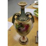 Edwardian Royal Worcester blush ivory two-handled vase with finely painted rose decoration - date