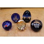 Five Caithness limited edition glass paperweights - Queen Elizabeth & Prince Phillip 50th Wedding