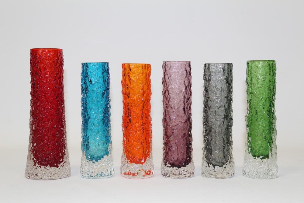 Five Whitefriars finger vases - Aubergine, Kingfisher Blue, Meadow Green, Tangerine and Pewter,