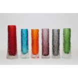 Five Whitefriars finger vases - Aubergine, Kingfisher Blue, Meadow Green, Tangerine and Pewter,