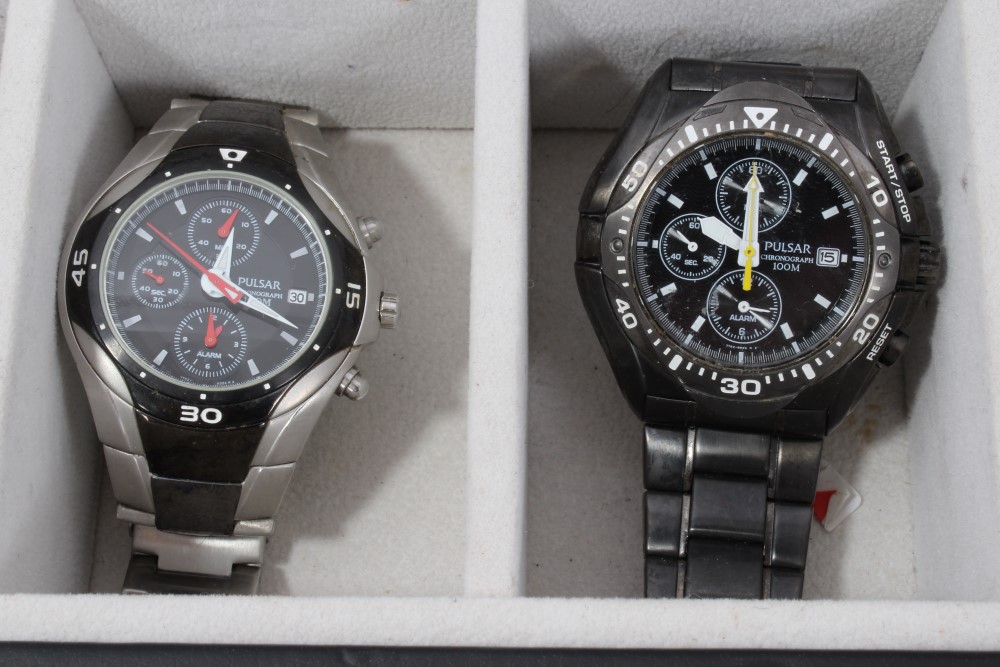 Collection of nine various Pulsar wristwatches within a black leather watch display case - Image 5 of 7