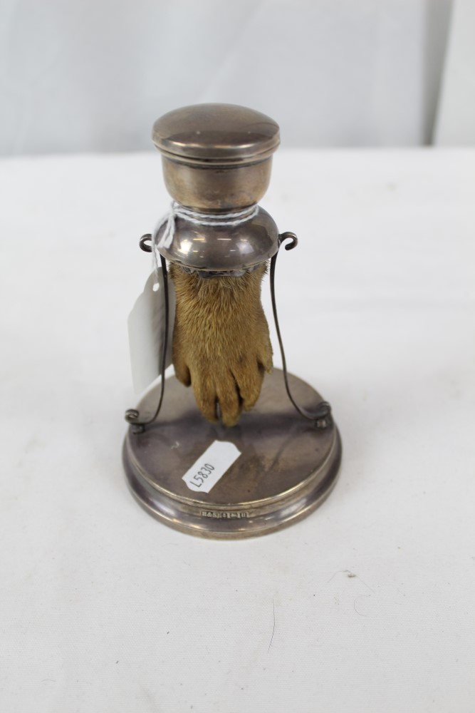 George V Taxidermy: Otter Paw, mounted in the frame of a silver inkwell with hinged cover,