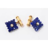 Pair silver gilt and carved lapis lazuli cufflinks - each set with a seed pearl