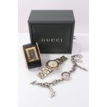 Gucci black leather cuff timepiece wristwatch in box,