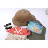 Wolsey pattern pith Helmet, together with Military police arm band and other militaria