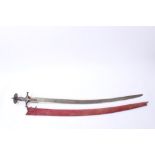 19th century Indian tulwar with silver damascened disc hilt, curved blade in red velvet-covered