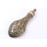 Victorian brass powder flask by Hawkesley with embossed decoration of dead game