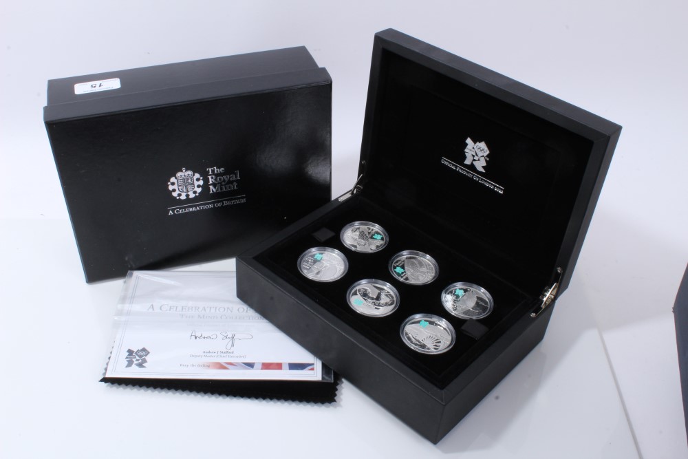 G.B. The Royal Mint Silver Proof Coin Set – containing six Five Pound coins dated 2009, obverse by