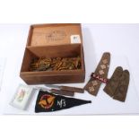 British Military Campaign cutlery set together with various cap badges and other military badges