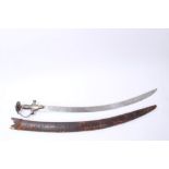 19th Century Indian Tulwar with disc pommel, scroll guard and curved blade in leather scabbard