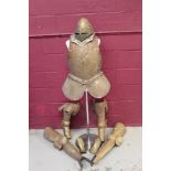 Victorian 'theatrical' copy suit of armour comprising breast plate, helmet, gauntlets and vambrace