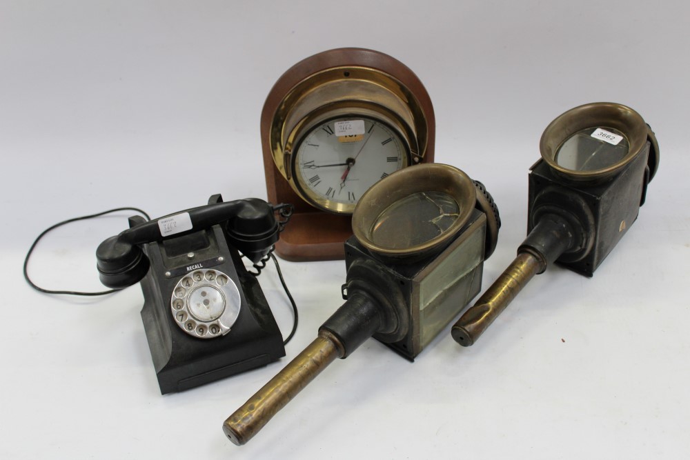 Pair of antique carriage lamps together with marine style wall clock, vintage Bakelite telephone and