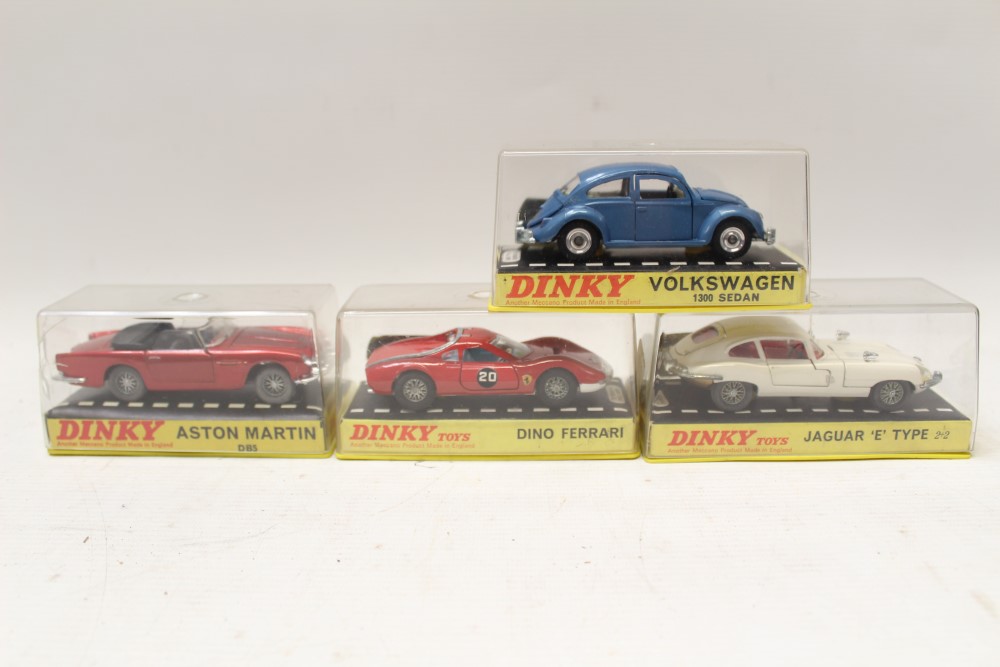 Dinky Dino Ferrari no. 216, Jaguar 'E' Type 2+2 no. 131, Aston Martin 110 (perspex box damaged),