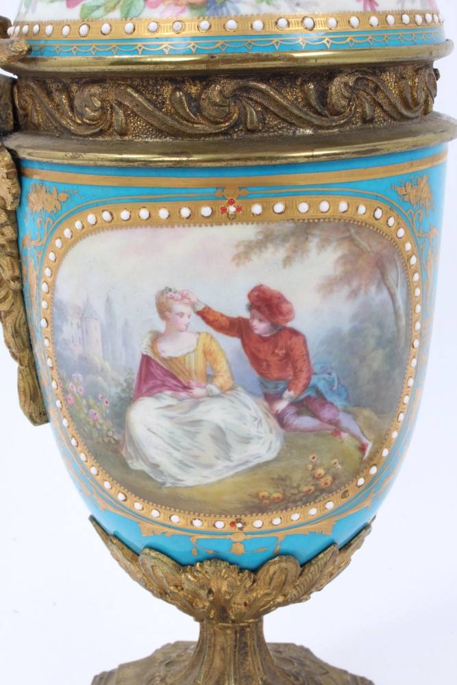 19th century Sèvres style porcelain and ormolu mounted urn and cover, domed covert with pineapple - Image 2 of 9