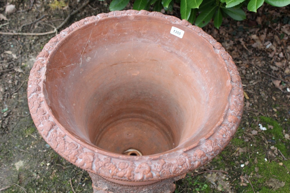 Large Antique terracotta garden urn with bark finish and foliate borders, 75cm high - Image 2 of 5