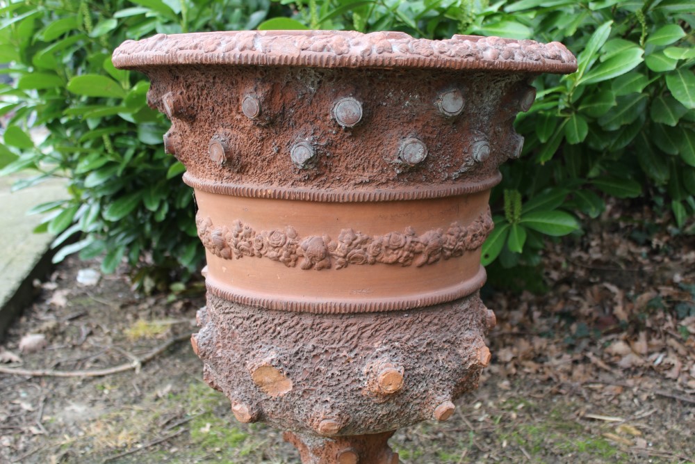 Large Antique terracotta garden urn with bark finish and foliate borders, 75cm high - Image 3 of 5