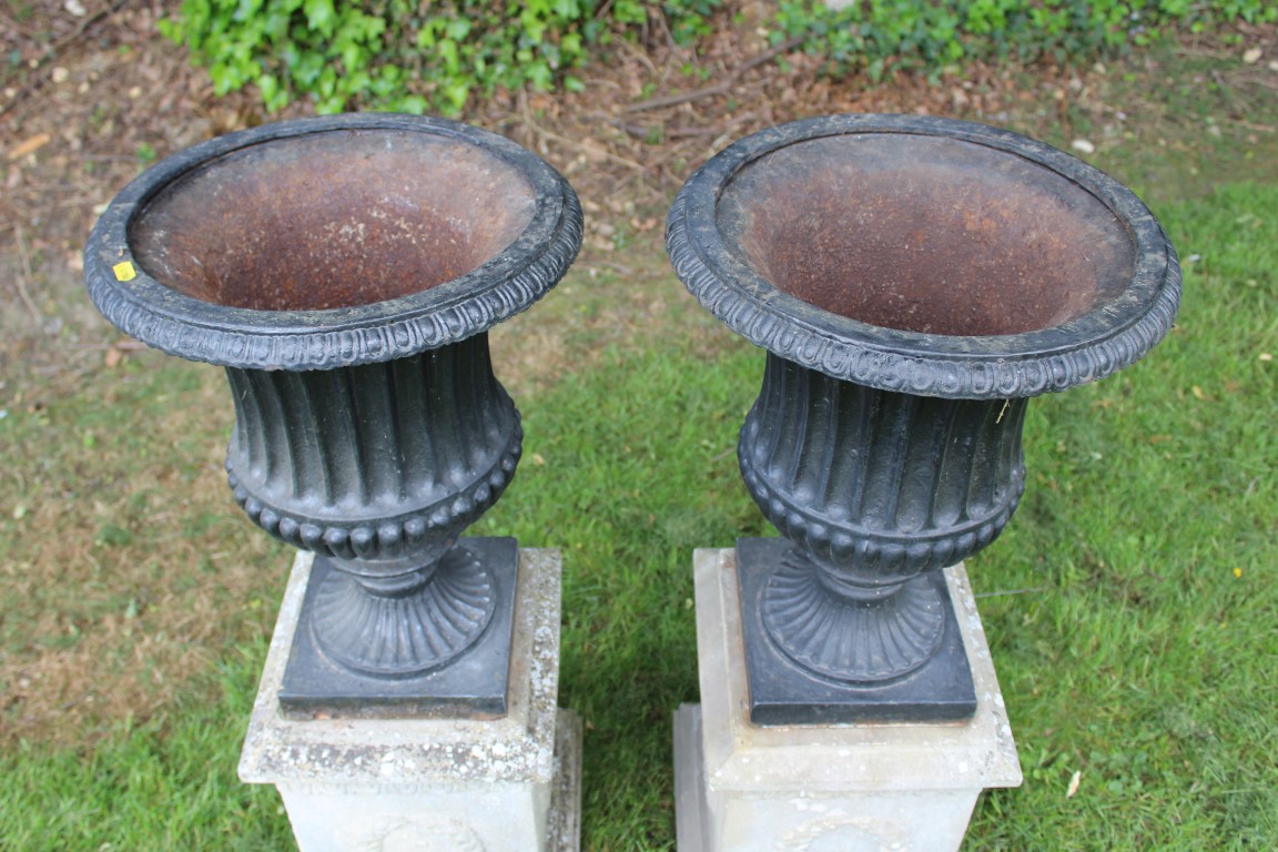 Pair of cast iron urns, campana form with removable rim, black painted, 55cm high, raised on - Image 2 of 4