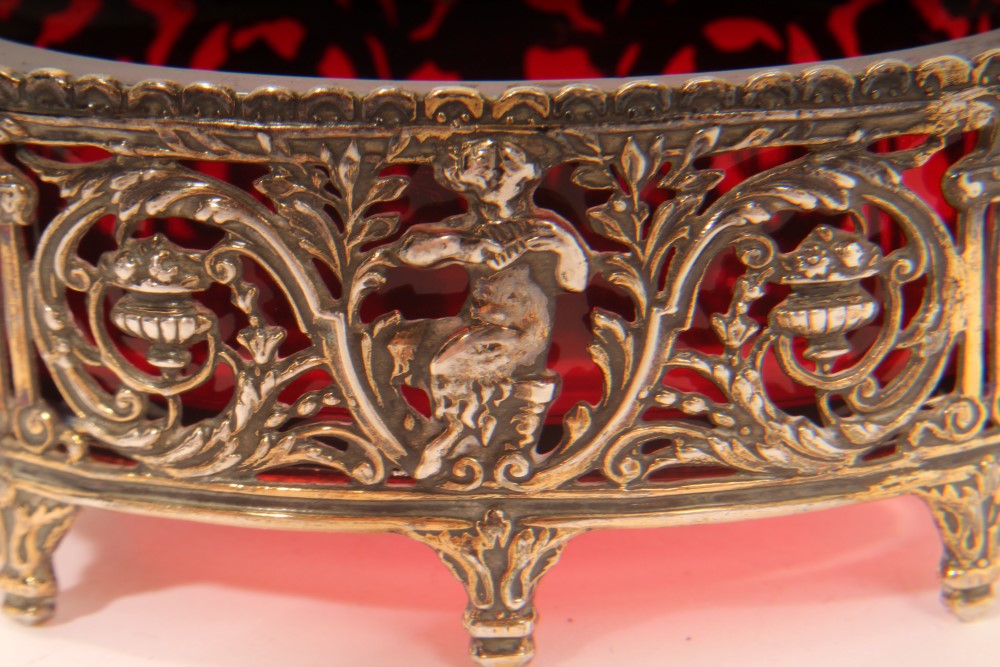 Pair 19th century gilt white metal salts of oval form, with classical pierced figures of Pan, urn - Image 3 of 7