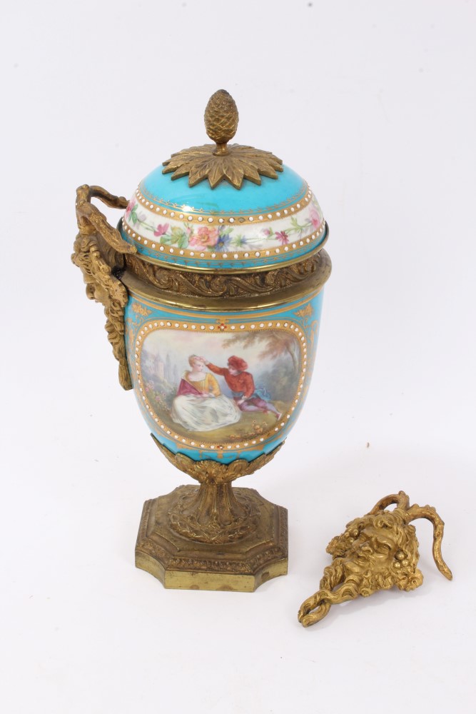 19th century Sèvres style porcelain and ormolu mounted urn and cover, domed covert with pineapple