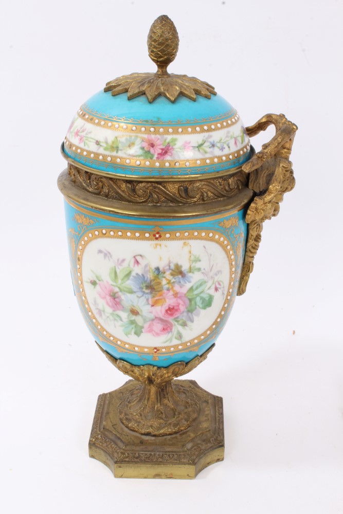 19th century Sèvres style porcelain and ormolu mounted urn and cover, domed covert with pineapple - Image 3 of 9