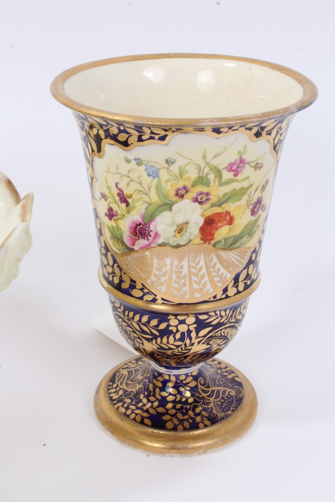 Pair early 19th century Minton vases with painted floral reserves on blue and gilt ground 15cm, Barr - Image 4 of 10
