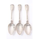 Three George III silver fiddle, shell and thread pattern table spoons