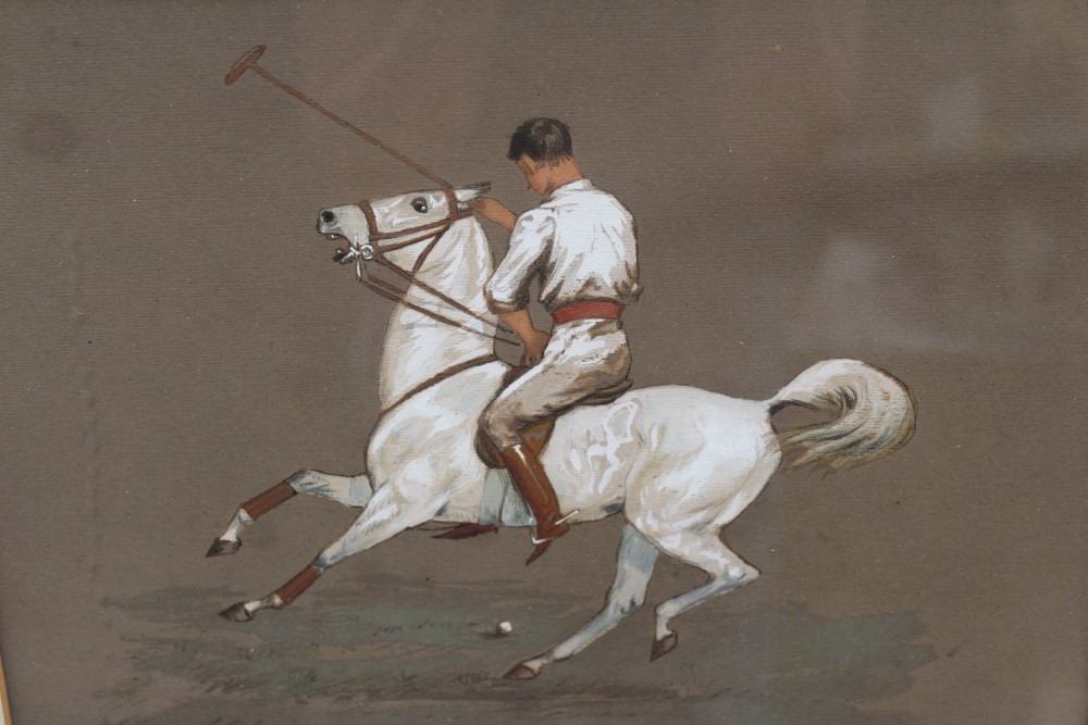 Pair of Victorian English school watercolours and gouache - Polo Players on horseback, in glazed - Image 2 of 6