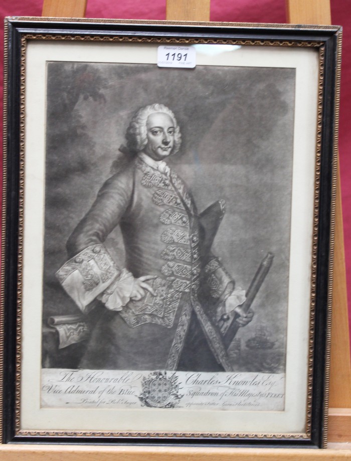 18th century mezzotint - portrait of The Honourable Charles Knowles Esq. Vice Admiral of the Blue