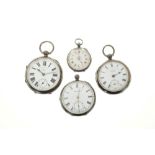 Three gentlemen’s silver pocket watches and a late 19th century Swiss silver fob watch