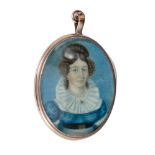 19th century English School, portrait miniature on ivory of a lady with blue dress and lace ruff