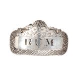 George III silver decanter label of rectangular form, 'RUM' (London 1816), Thomas Robinson