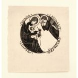Eric Gill (1882-1940) wood engraving, Madonna and Child with an Angel, Madonna knitting,1916