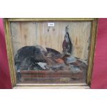 19th century reverse painted picture on glass panel depicting a larder interior with dead game,