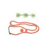 Chinese Jade brooch, coral necklace, beads