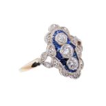 Sapphire and diamond ring, oval lozenge shape plaque with three old brilliant cut diamonds