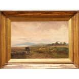 G. Wright, 19th century oil on canvas - Scottish landscape with travellers at dusk, signed, in gilt