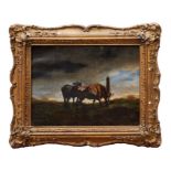 18th century Continental school oil on canvas laid on panel - Bulls in a stormy landscape, in gilt