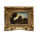 19th century - style oil on panel - wooded landscape, indistinctly signed, in gilt frame, 13cm x