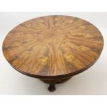 William IV mahogany dining table, circular tilt top on faceted bulbous lotus carved column and