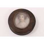 George III tortoiseshell circular snuff box with a portrait miniature inset to the lid, signed