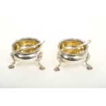 Pair of Victorian cauldron salts and spoons together with two oil decanters