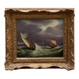 19th century English school oil on canvas - shipping in squally seas, initialled S.W and dated 1830,