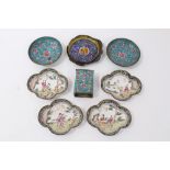 Four 19th century Canton enamel dishes, three others and similar matchbox cover