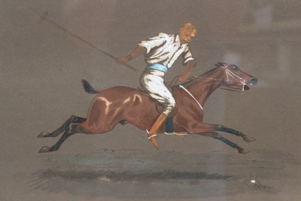Pair of Victorian English school watercolours and gouache - Polo Players on horseback, in glazed - Image 6 of 6