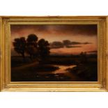 19th century English school oil on canvas - rural landscape at dusk, in gilt frame, 49cm x 75cm