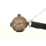 Gold (9ct) cased Rolex wristwatch with blue enamel bezel on leather strap