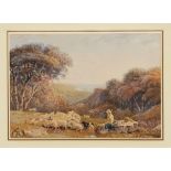 George Barrett Jnr (1767-1842) watercolour - shepherd and his flock on a hillside, signed and dated