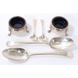 Pair late George II salts, pair trencher salt spoons, pair George III tablespoons